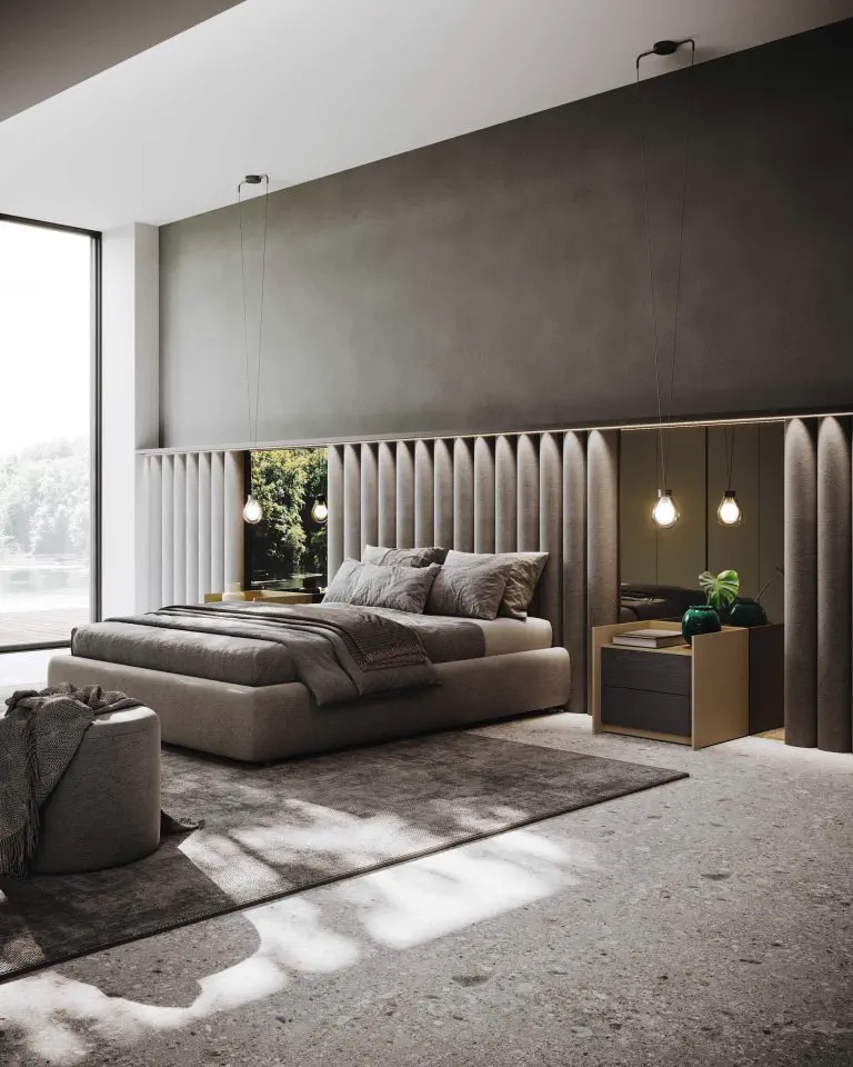 Chambre, tête de lit cannelée et lumière basse