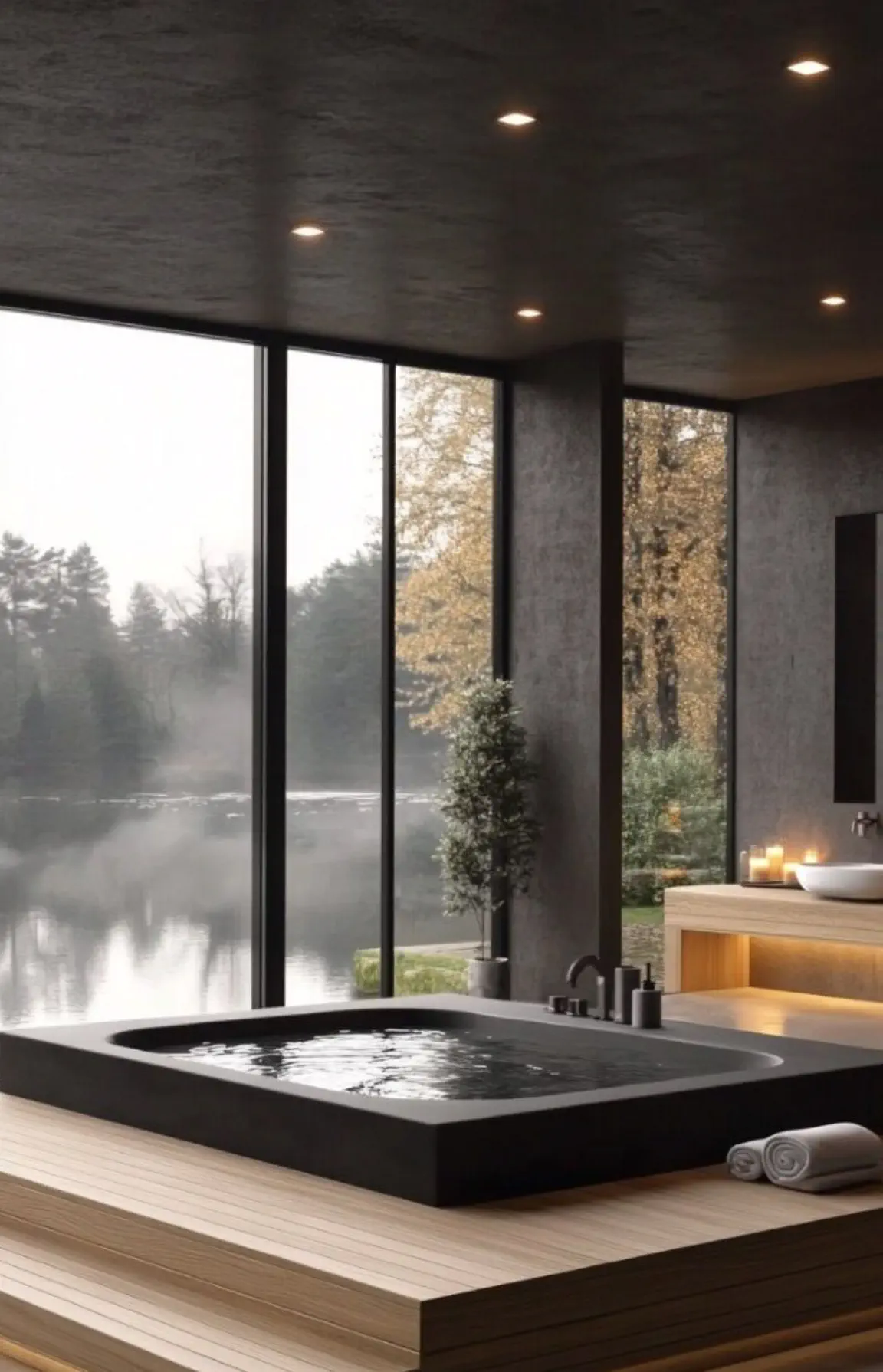 Un bassin noir encastré dans une plateforme de bois, face à une grande baie