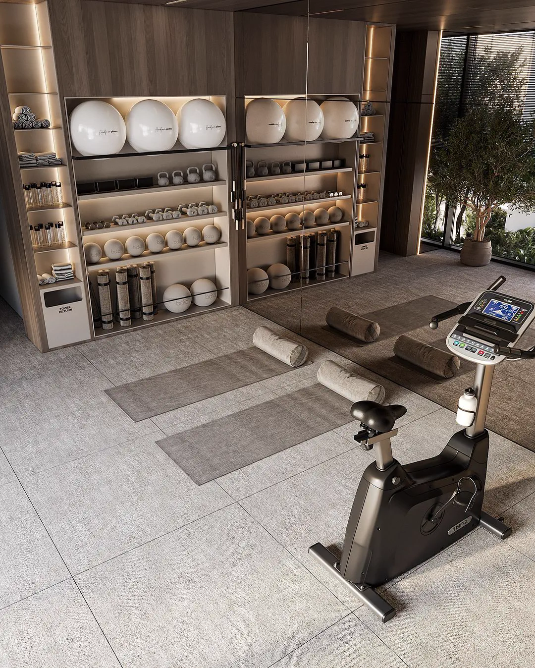 Salle de sport, vélo et rangements de bois sombre