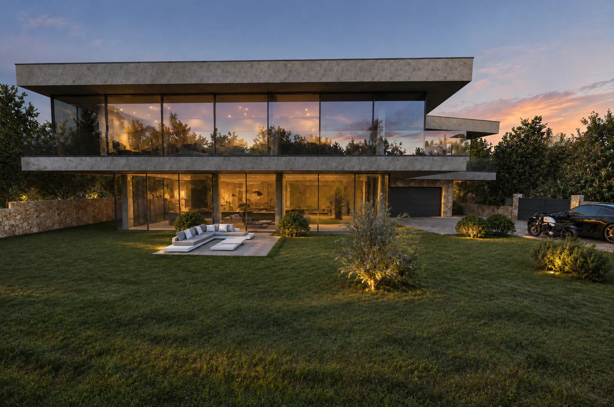 Villa 9 au crépuscule, les intérieurs éclairés