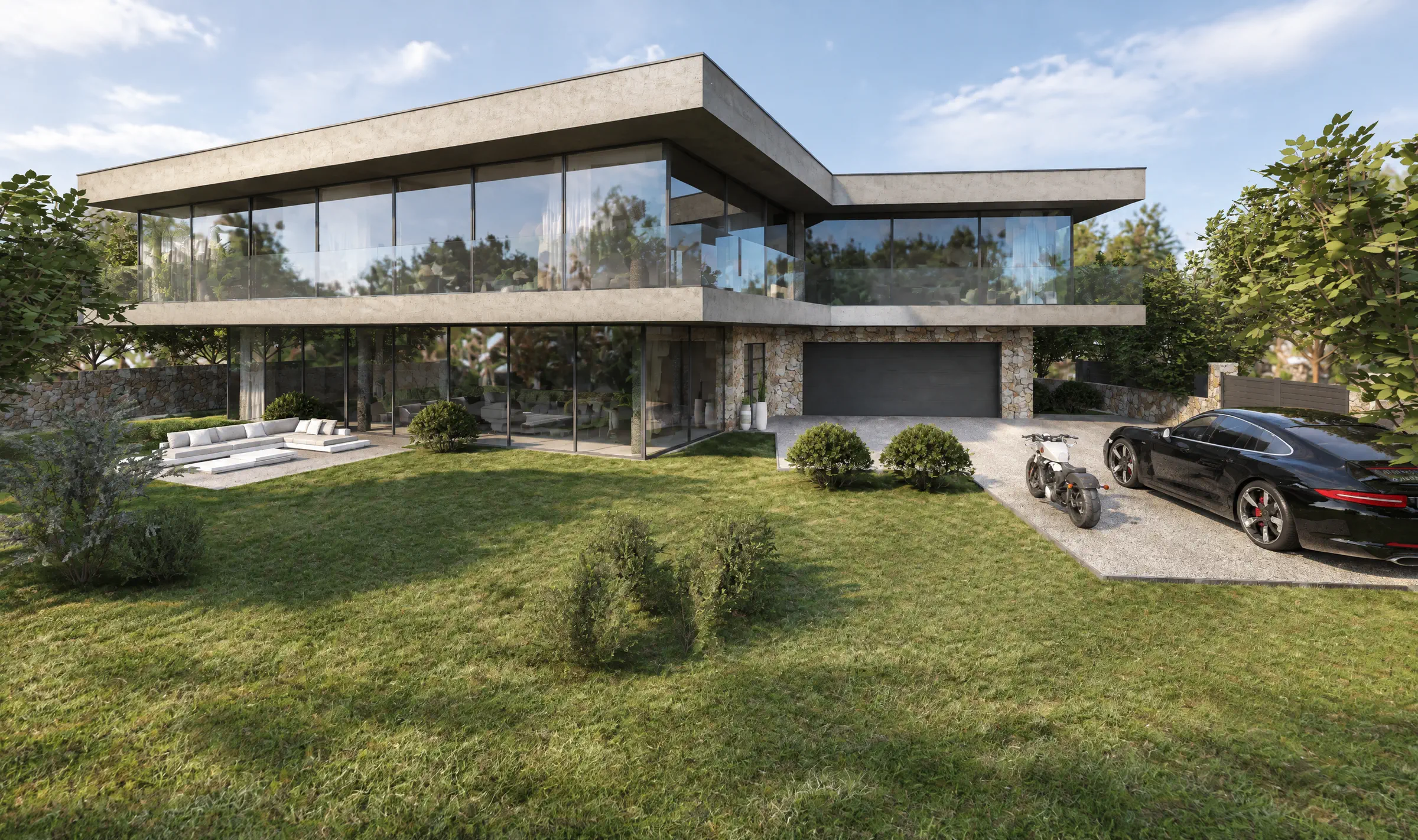 Villa 9 vue du jardin, les deux niveaux vitrés ouverts sur la pelouse