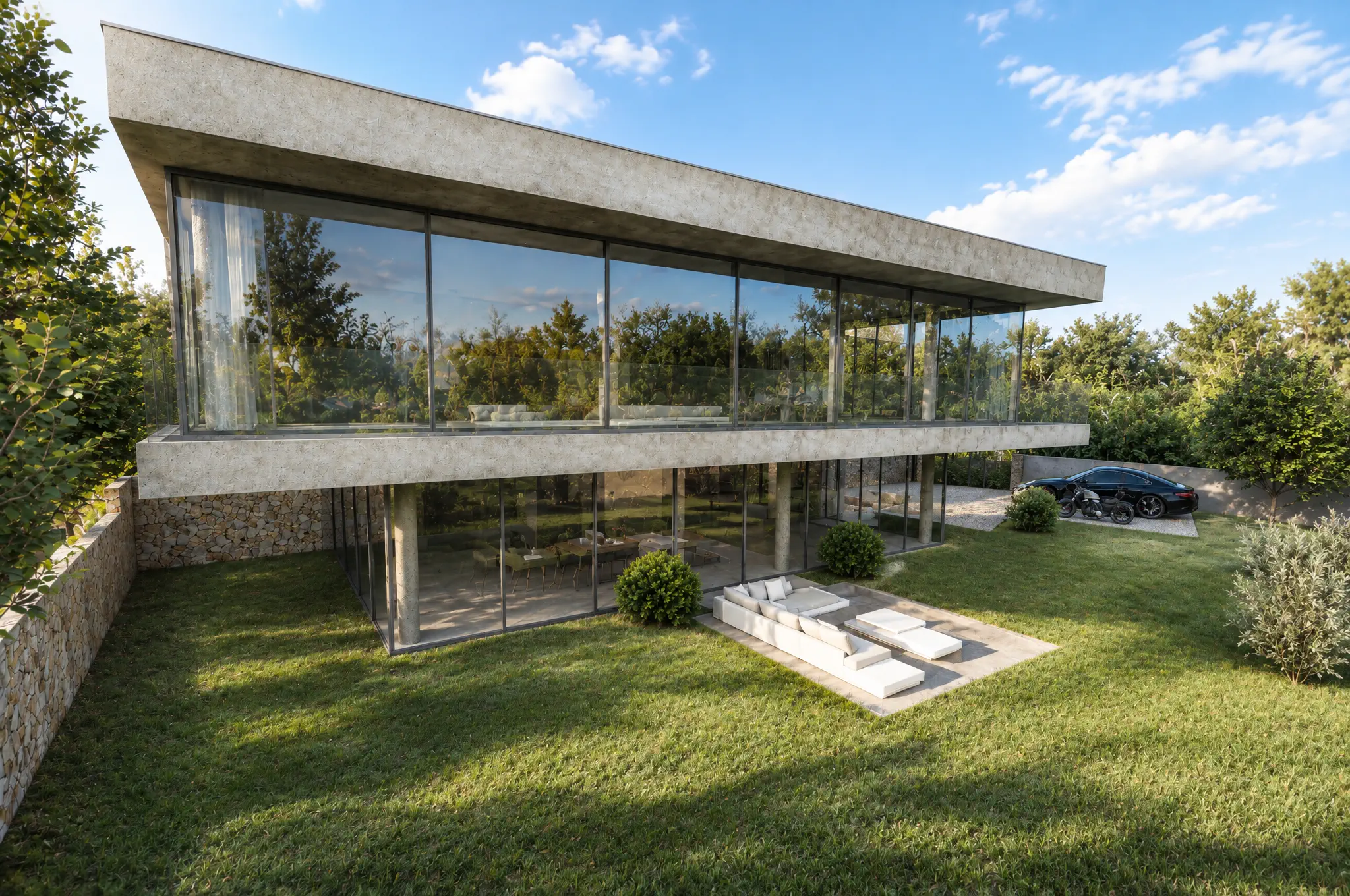 Villa 9 depuis la pelouse, le séjour ouvert sur la terrasse
