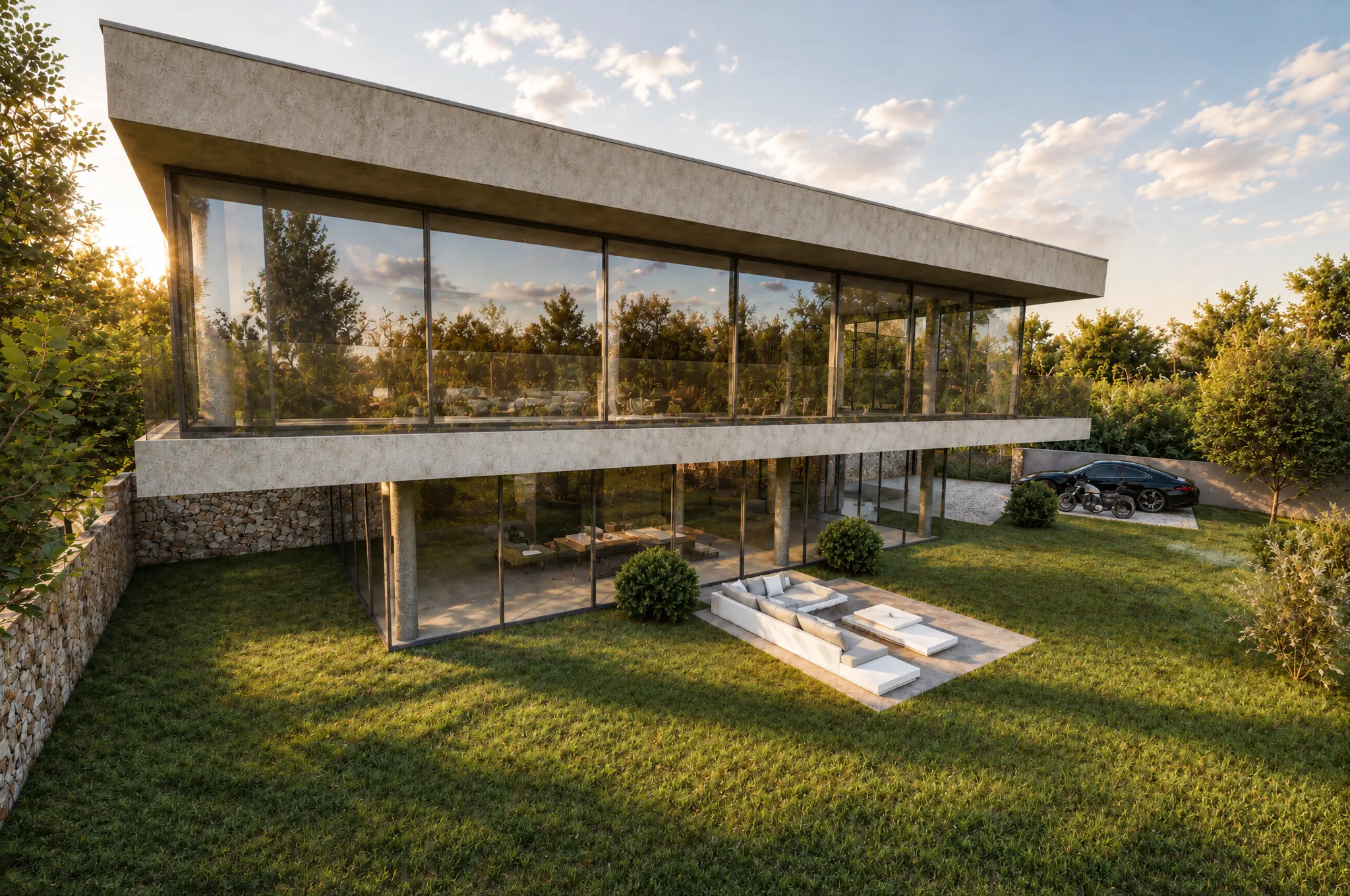 La façade de Villa 9 au soleil couchant, reflets dans les grandes baies